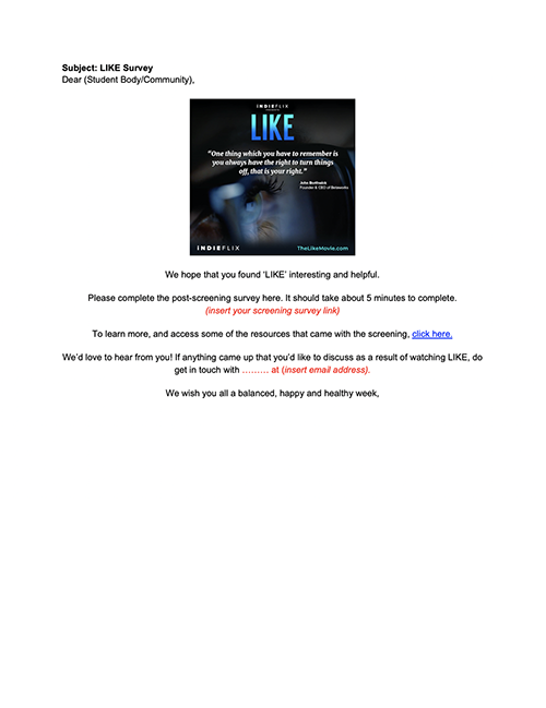 LIKE Email Post Screening Survey preview page